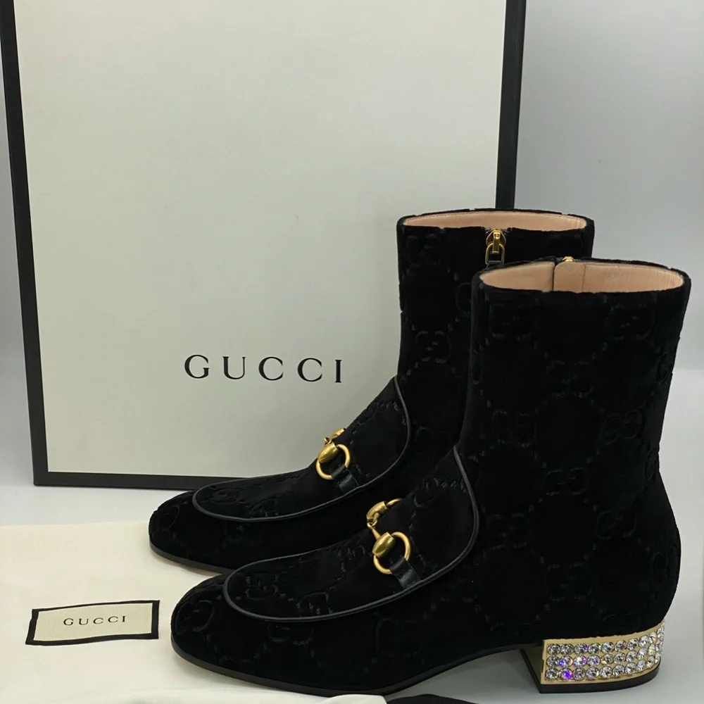 Gucci horsebit GG black velvet crystal heel ankle - Picture 12 of 12
